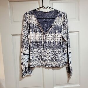 Lucky Brand Blouse Women Size Medium Geometric Print Peasant Top Elastic Cuffs